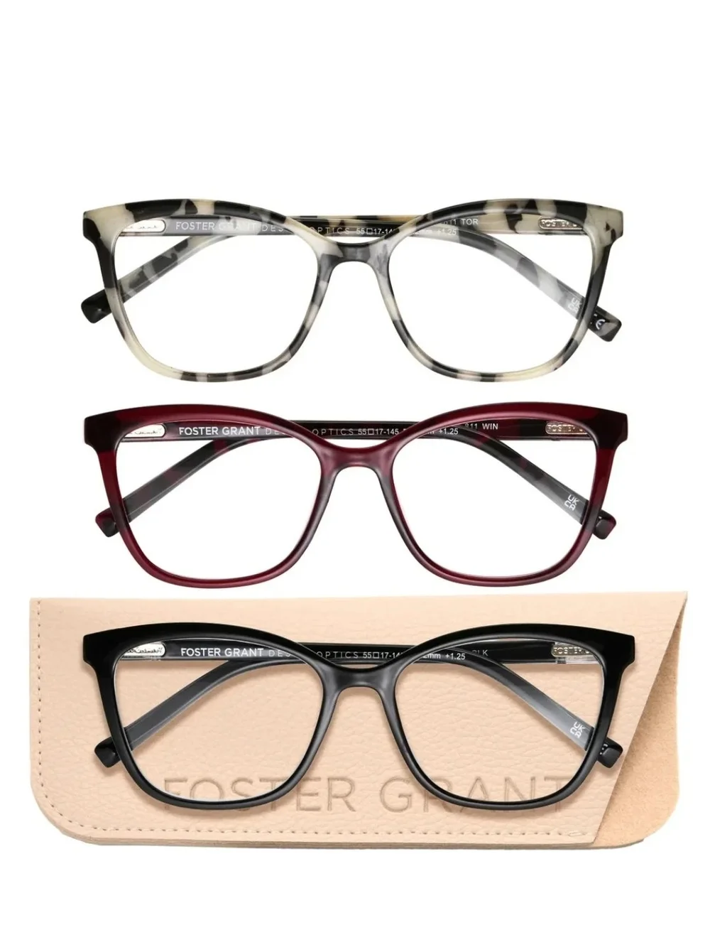 Foster Grant +2.50 Reading Glasses 3-Pack in Black, Gray, and Burgundy